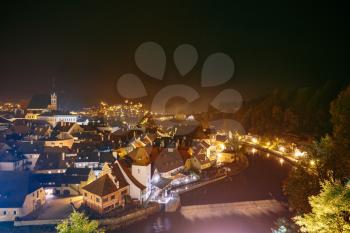 Beautiful night areal view, cityscape of Cesky Krumlov, Czech republic. UNESCO World Heritage Site