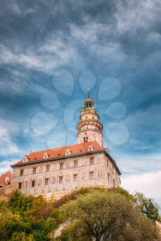 Medieval Castle tower in Cesky Krumlov, Czech republic. UNESCO World Heritage Site