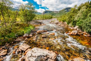 Norway Nature River. Sunny Summer Day, Landscape With Mountain, Pure Cold Water River, Pond