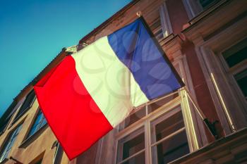 French Tricolours Flag Decorate A Local Government Building In Paris, France. Toned, Instant Photo