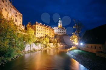 Beautiful night view to castle tower in Cesky Krumlov, Czech republic. UNESCO World Heritage Site