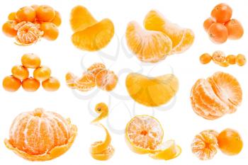 Fresh Mandarin Citrus Isolated Tangerine Mandarine Orange In Heap On White Background. Healthy Food Concept. Set, Collage