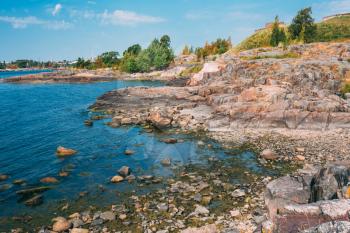 Rocky Seashore Landscape Near Helsinki, Nature Of Finland, Summer