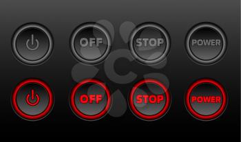 Neon buttons. Power on glowing vector icon set on black bacground