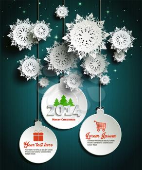 Paper snowflakes Merry Christmas text with balls