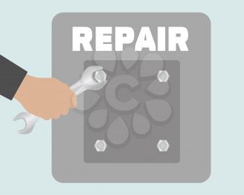 Hand with wrench. Repair icon in flat design