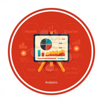 Stand with charts and parameters. Business concept of analytics