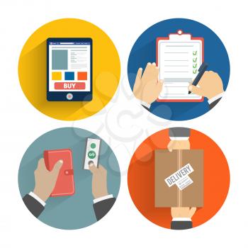 Set of hands clients purchasing. Order of the goods online, payment and delivery. Business concept