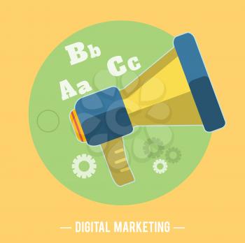 Hand holding a yellow megaphone. Digital marketing concept. Flat design stylish megaphone with application icons