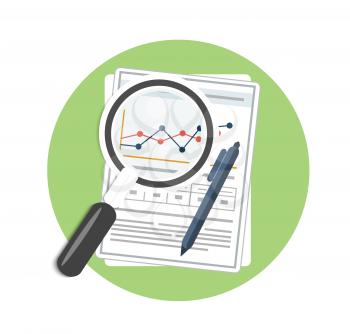 Magnifying glass, pen and chart. Business concept of analyzing