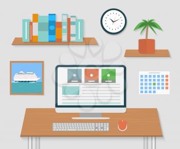 Modern office interior with designer desktop in flat design
