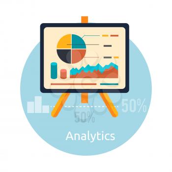 Stand with charts and parameters. Business concept of analytics