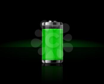 Glossy transparent battery icons. Full green battery on black background