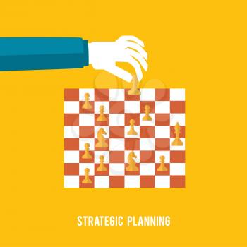 Strategy planning concept. Man playing chess and try to find strategic position. Flat design.