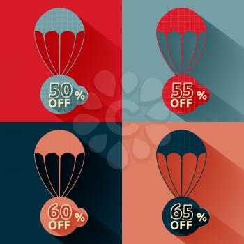 Set of parachutes with discount on multicolor background