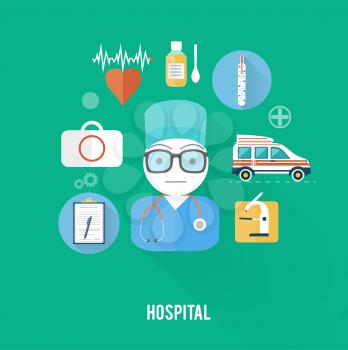 Hospital concept with item icons. Doctor with first aid kit in flat design style