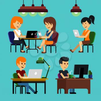 People man woman guy girl sitting on chair at table in front of computer laptop monitor and shining lamp cartoon flat design style