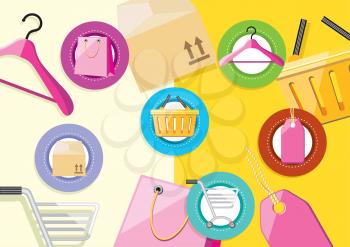 Shopping icons store elements bag tag hanger trolley lable on stylish background flat design cartoon style