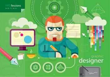 Graphic designer profession series. Workplace and icons of designer flat design cartoon style