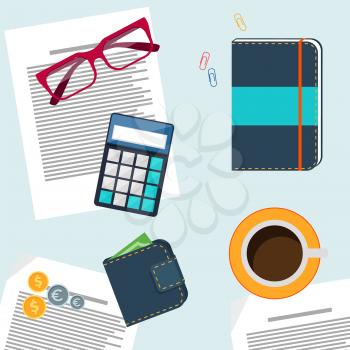 Office desktop with item icons. Concept of office work calculator, coffee, cup, glasses, purse