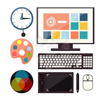 Set of colorful graphic, web design icons. Computer monitor with the screen of the program for design and architecture in flat design. Designer work