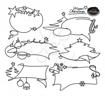 Doodle set Merry C hristmas elements. Bubble frames, boxes, cloud, christmas tree, flags, banners on sale. Isolated  black silhouette