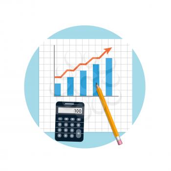 Accounting. Financial planning with calculator and pencil in flat design style