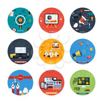 Icons for web design, seo, social media and pay per click internet advertising, analytics, business, management, marketing, adaptive design, digital marketing  in flat design