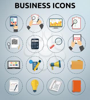 Set of various financial service items, business management symbol, marketing items and office equipment