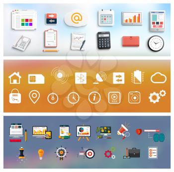 Workplace office and business work elements set in flat design style. Mobile devices and documents icons. Set for web and mobile applications of office work on blur backround