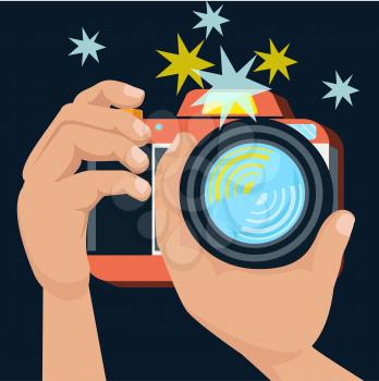 Hands holding camera and photographs in flat design cartoon retro style