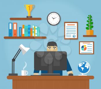 Man sitting on chair at table in front of computer monitor and shining lamp cartoon flat design style