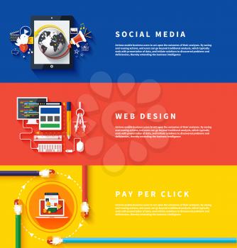 Icons for web design, seo, social media and pay per click internet advertising in flat design. Business, office and marketing items icons.