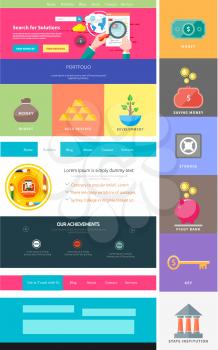 Website page template. Web design. Set of web page with icons for different websites in flat style. One page website flat ui and ux kit elements icons. Money concept