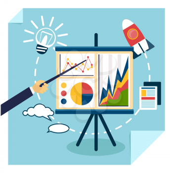 Flat design of presentation business development concept from good idea to successful startup. Hand with pointer points to tripod with chart graph