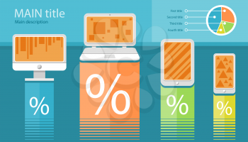 Template for infographic with laptop, touchpad, smartphone. Diagrams with percentage