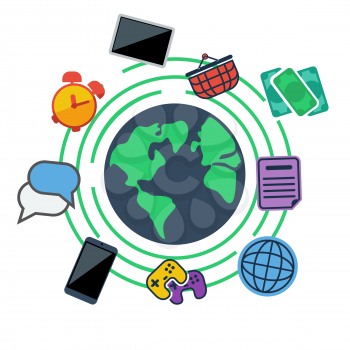 Icons for online shopping, communication, banking, games with smartphone and tablet revolve around Earth