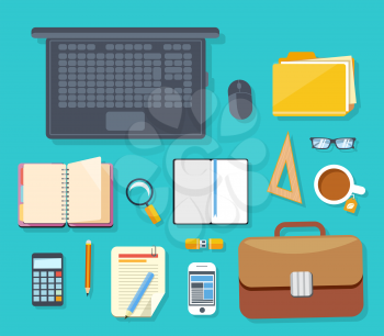 Top view of workplace with laptop, briefcase, calculator, smartphone, stationery and documents