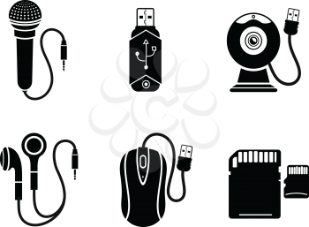 Icon set with web camera, flash drive, earpieces, memory stick, mouse, microphone on white background