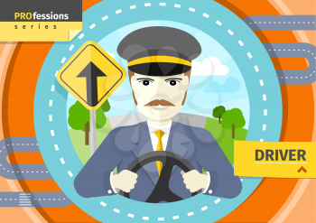 Profession concept with mustache male driver in uniform and cap behind the wheel