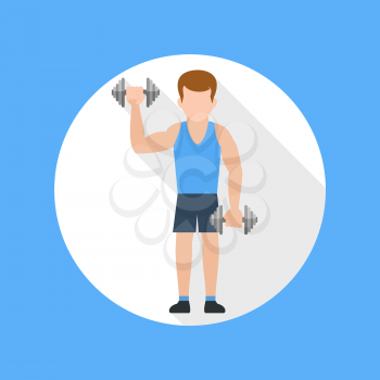 Man doing exercises with barbell icon with long shadow
