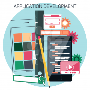 Icons for adaptive application development in flat design. Smartphones with site coding pencil and ruller