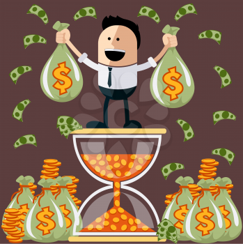Smiling businessman standing on the hourglass in which coin holding bags of money. Winnings in lottery. Flying around dollar notes cartoon flat design style