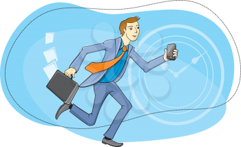Businessman with briefcase and phone in hand running about their business. Time is money concept cartoon design style