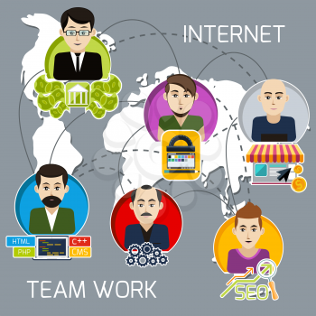 Concept of internet project business team of freelancers with investor, programmer, web designer, system administrator, link manager with interaction lines