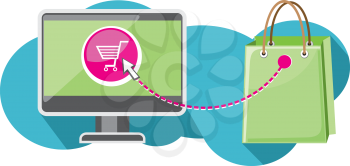 Internet shopping concept. Monitor with shopping cart on screen and close package from store cartoon design style