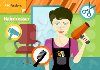 Profession concept with female brunette hairdresser in uniform holding hair dryer on workplace in hair salon