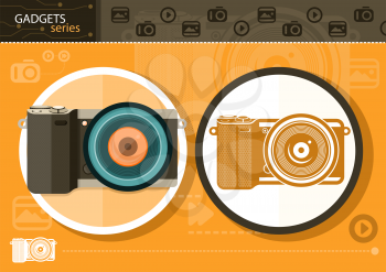 Gadgets series with two digital cameras in circle frames color and colorless variant on orange with devices silhouettes background