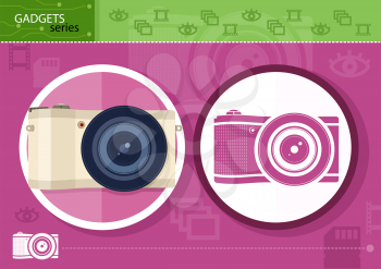 Gadgets series with two digital cameras in circle frames color and colorless variant on lilac with devices silhouettes background
