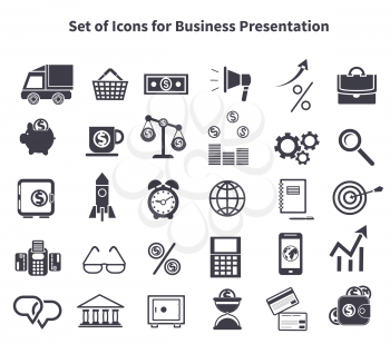 Set of black business icons. Items such as car, delivery, bag, shopping cart, basket, money, dollar, megaphone, arrow, percent, briefcase, pig, moneybox on white background